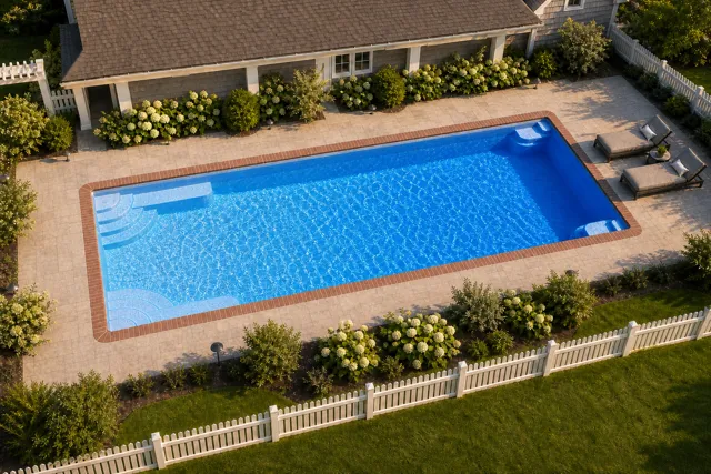 Daytime render of the Goliath 1641 fiberglass pool with brick coping and a California interior, seen from above at an angle.
