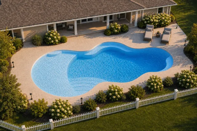 Daytime render of the Axiom 16 fiberglass pool with cantilever coping and a Sapphire Blue interior, seen from above at an angle.