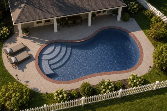 Daytime render of the Jamaica 12 fiberglass pool with brick coping and a Ocean Blue interior, seen from above at an angle.