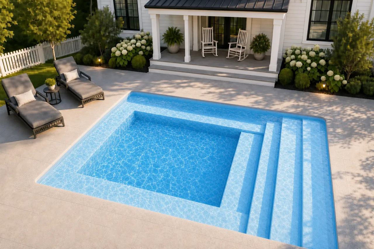 Daytime render of the Milan 8.14 fiberglass pool with cantilever coping and a Sapphire Blue interior, seen from above at an angle.