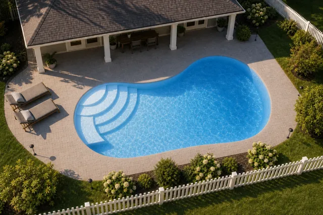Daytime render of the Jamaica 12 fiberglass pool with cantilever coping and a Sapphire Blue interior, seen from above at an angle.