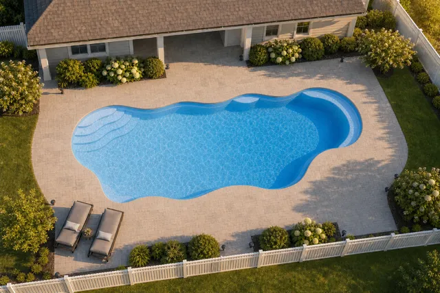 Daytime render of the Bermuda 16.40 fiberglass pool with cantilever coping and a Sapphire Blue interior, seen from above at an angle.