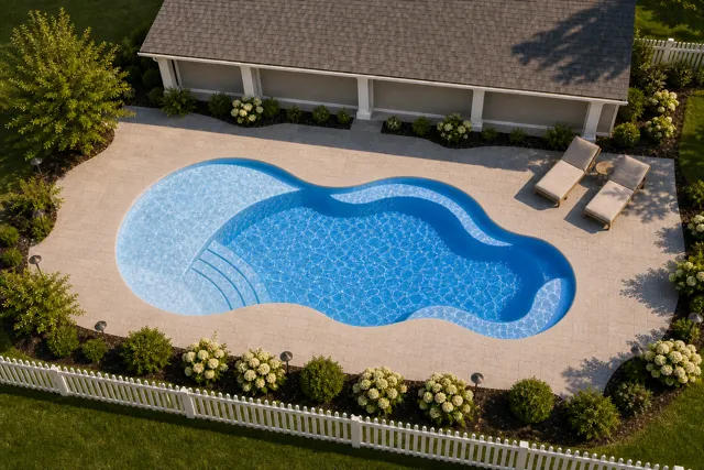 Daytime render of the Axiom 14 fiberglass pool with cantilever coping and a Sapphire Blue interior, seen from above at an angle.