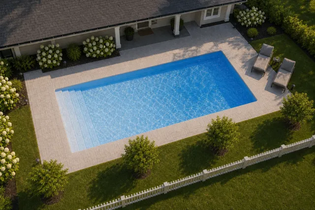 Daytime render of the Lake Shore fiberglass pool with cantilever coping and a Sapphire Blue interior, seen from above at an angle.