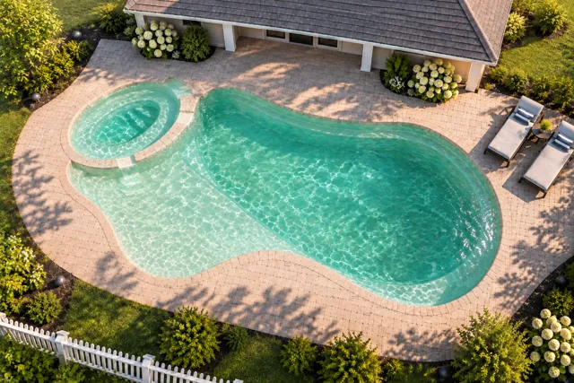 Daytime render of the The Brilliant 35 fiberglass pool with cantilever coping and a Beach Sand interior, seen from above at an angle.