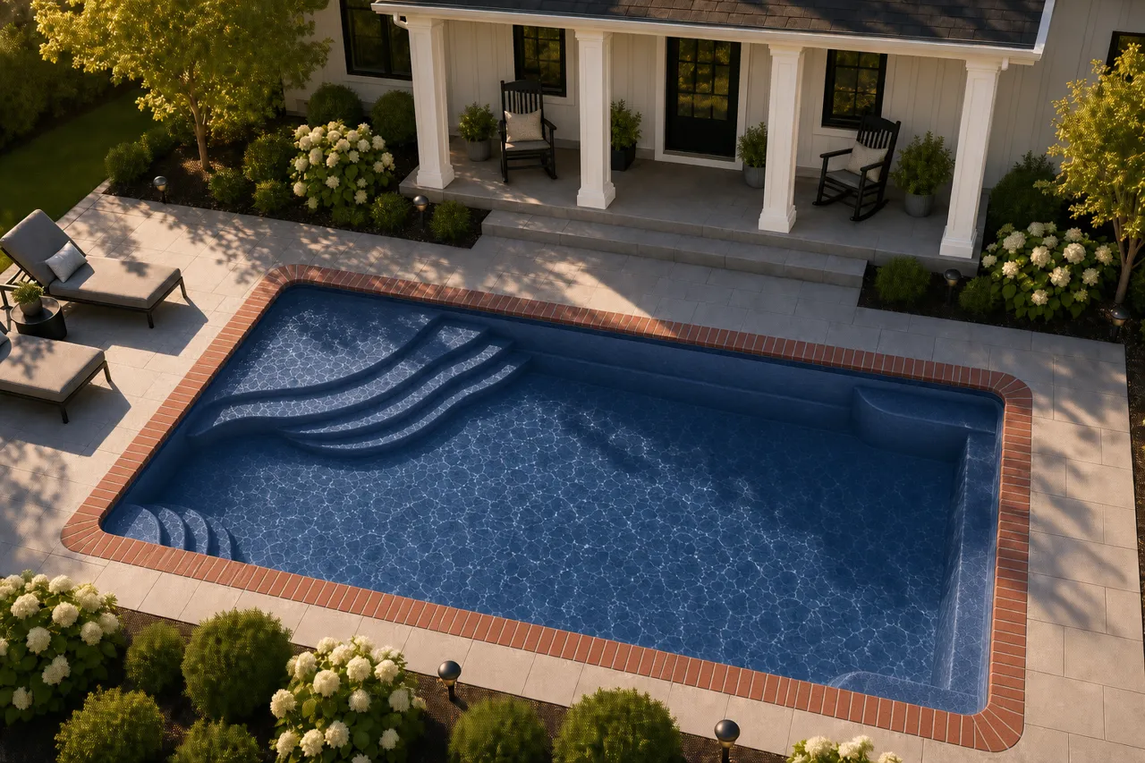 Daytime render of the Olympia 16 fiberglass pool with brick coping and a Ocean Blue interior, seen from above at an angle.