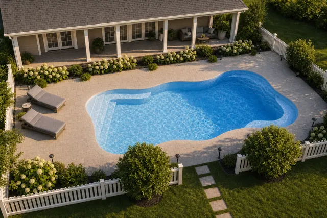 Daytime render of the Cape Cod 14 fiberglass pool with cantilever coping and a Sapphire Blue interior, seen from above at an angle.
