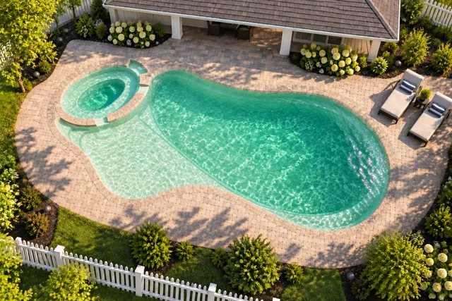 Daytime render of the The Brilliant 40 fiberglass pool with cantilever coping and a Beach Sand interior, seen from above at an angle.