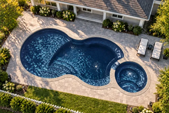 Daytime render of the Axiom 14 Deluxe fiberglass pool with stone coping and a Night Sky interior, seen from above at an angle.