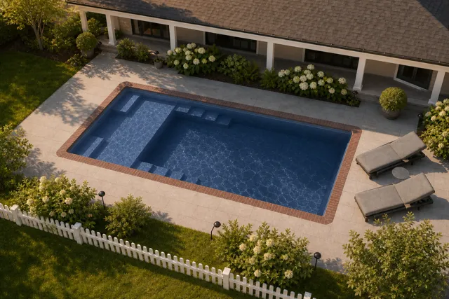 Daytime render of the Enchantment 9.21 fiberglass pool with brick coping and a Ocean Blue interior, seen from above at an angle.