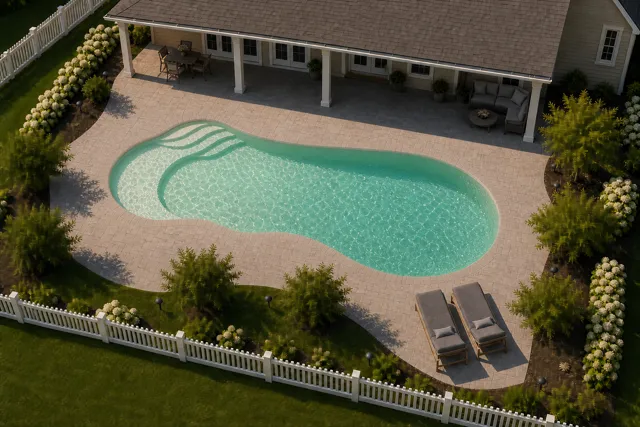 Daytime render of the The Fantasy 35 fiberglass pool with cantilever coping and a Beach Sand interior, seen from above at an angle.