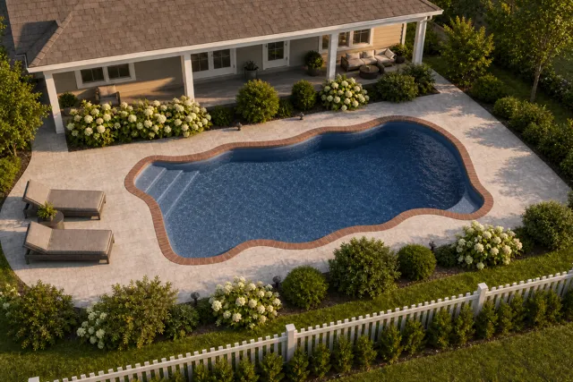 Daytime render of the Key West fiberglass pool with brick coping and a Ocean Blue interior, seen from above at an angle.