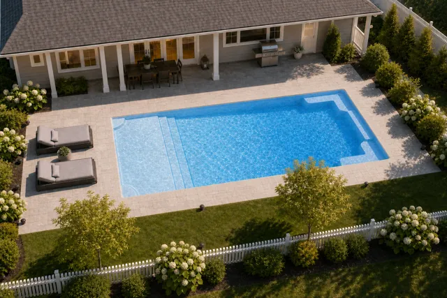 Daytime render of the Corinthian 12 fiberglass pool with cantilever coping and a Sapphire Blue interior, seen from above at an angle.