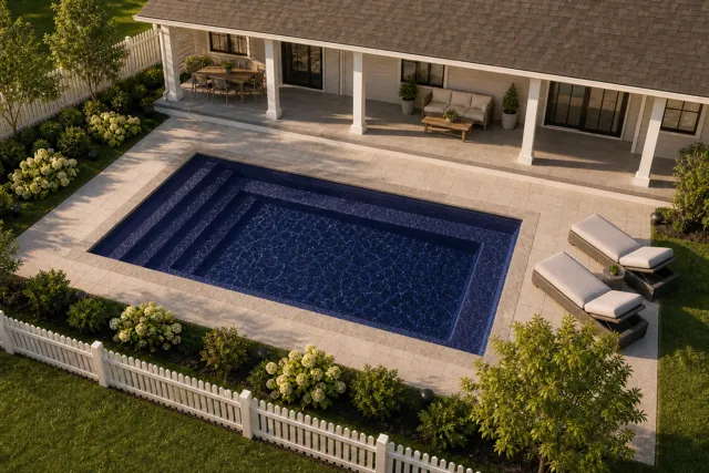 Daytime render of the Milan 10.16 fiberglass pool with stone coping and a Night Sky interior, seen from above at an angle.