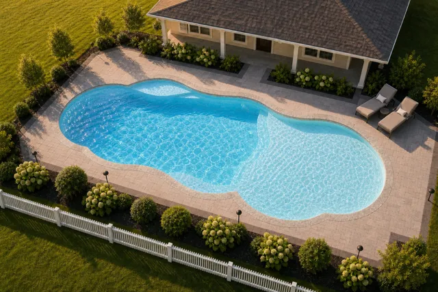 Daytime render of the Sandal Beach Entry 1639 fiberglass pool with stone coping and a Caribbean Sparkle interior, seen from above at an angle.