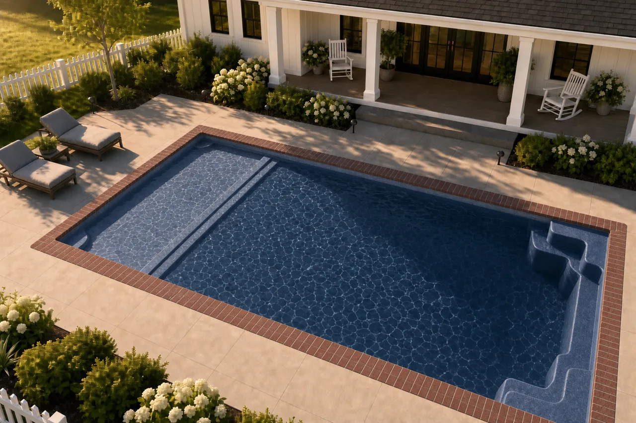 Daytime render of the Corinthian 14 fiberglass pool with brick coping and a Ocean Blue interior, seen from above at an angle.