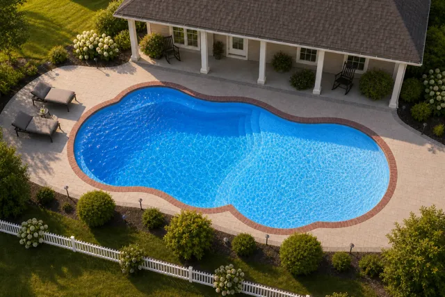 Daytime render of the Sandal Beach Entry 1634.5 fiberglass pool with brick coping and a California interior, seen from above at an angle.
