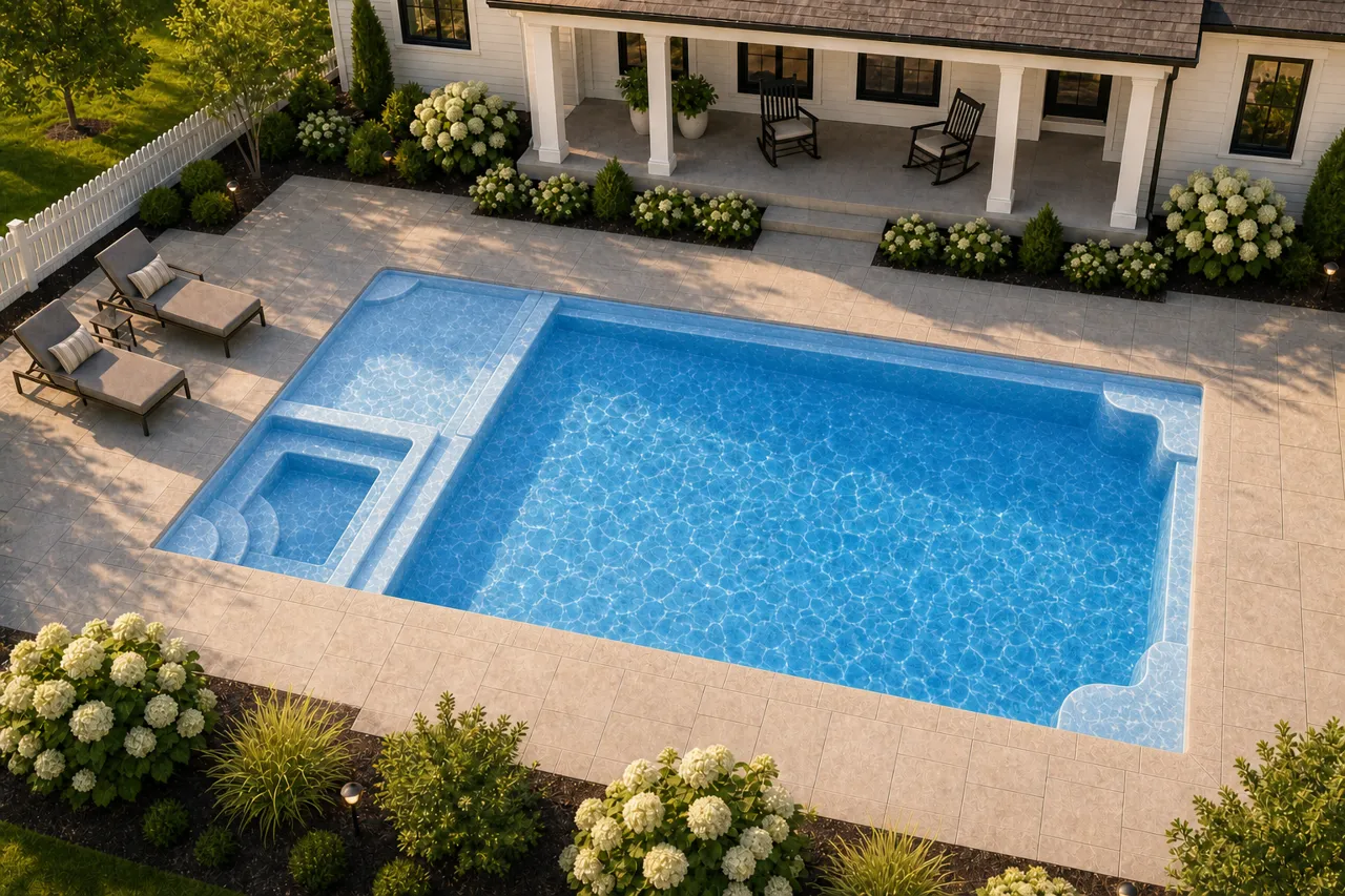 Daytime render of the Astoria 16 fiberglass pool with cantilever coping and a Sapphire Blue interior, seen from above at an angle.