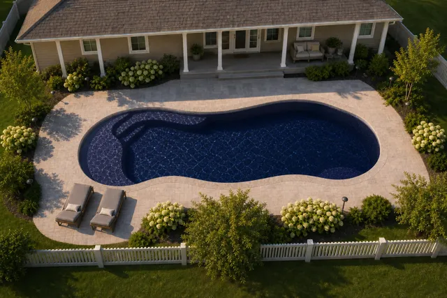 Daytime render of the Vista Isle fiberglass pool with stone coping and a Night Sky interior, seen from above at an angle.