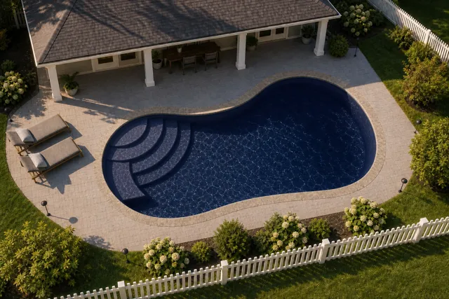 Daytime render of the Jamaica 12 fiberglass pool with stone coping and a Night Sky interior, seen from above at an angle.