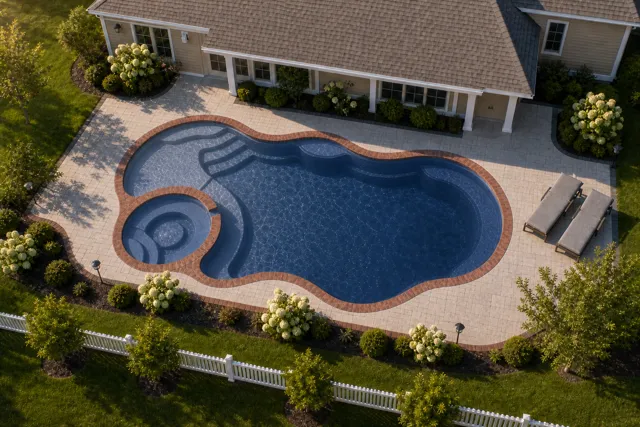 Daytime render of the Bermuda 14 Deluxe fiberglass pool with brick coping and a Ocean Blue interior, seen from above at an angle.