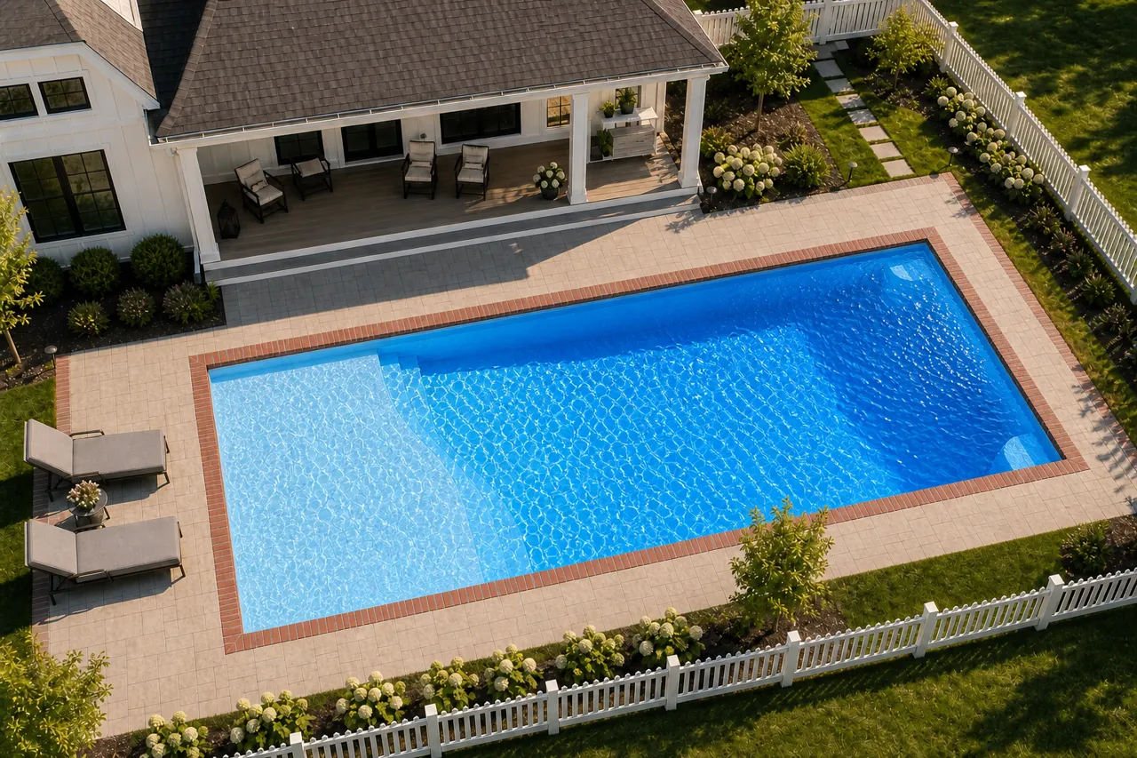 Daytime render of the Grace Beach Entry 1636 fiberglass pool with brick coping and a California interior, seen from above at an angle.