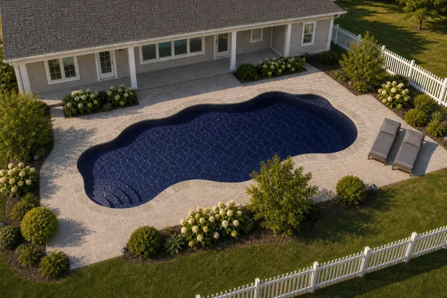 Daytime render of the Coronado fiberglass pool with stone coping and a Night Sky interior, seen from above at an angle.