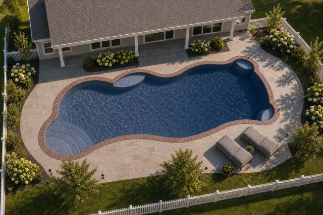 Daytime render of the Synergy fiberglass pool with brick coping and a Ocean Blue interior, seen from above at an angle.