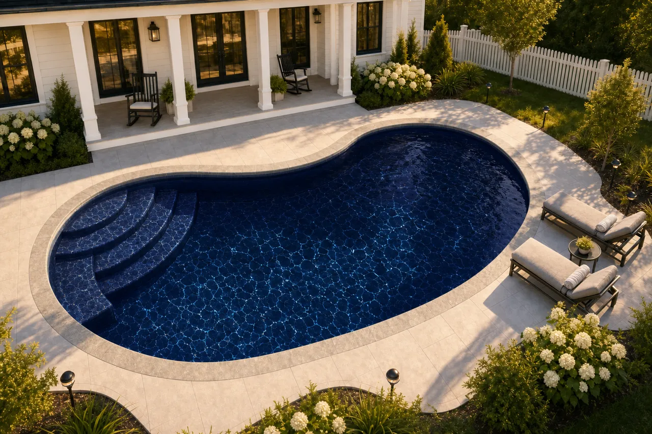 Daytime render of the Jamaica 12 fiberglass pool with stone coping and a Night Sky interior, seen from above at an angle.