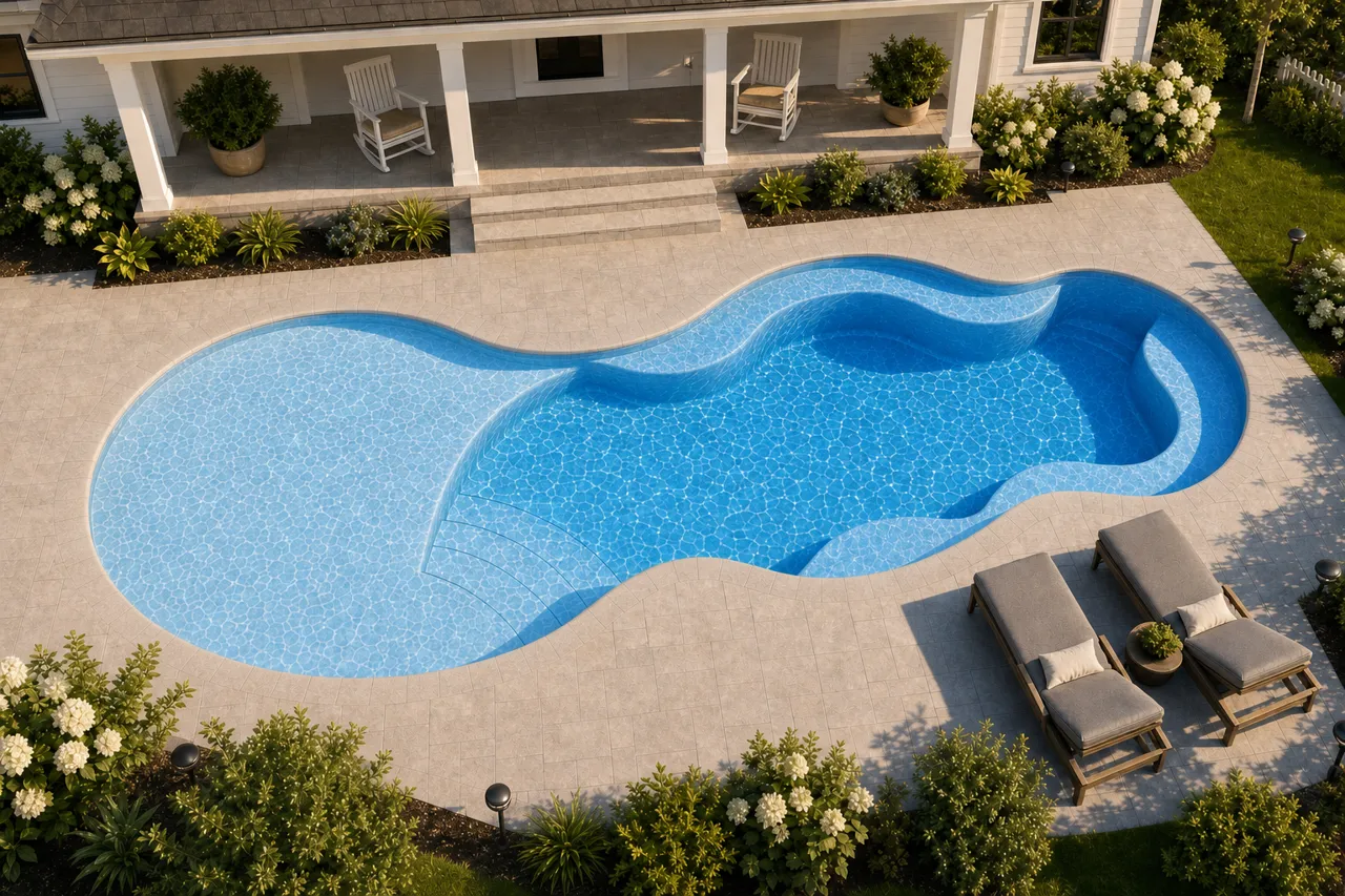 Daytime render of the Axiom 14 fiberglass pool with cantilever coping and a Sapphire Blue interior, seen from above at an angle.
