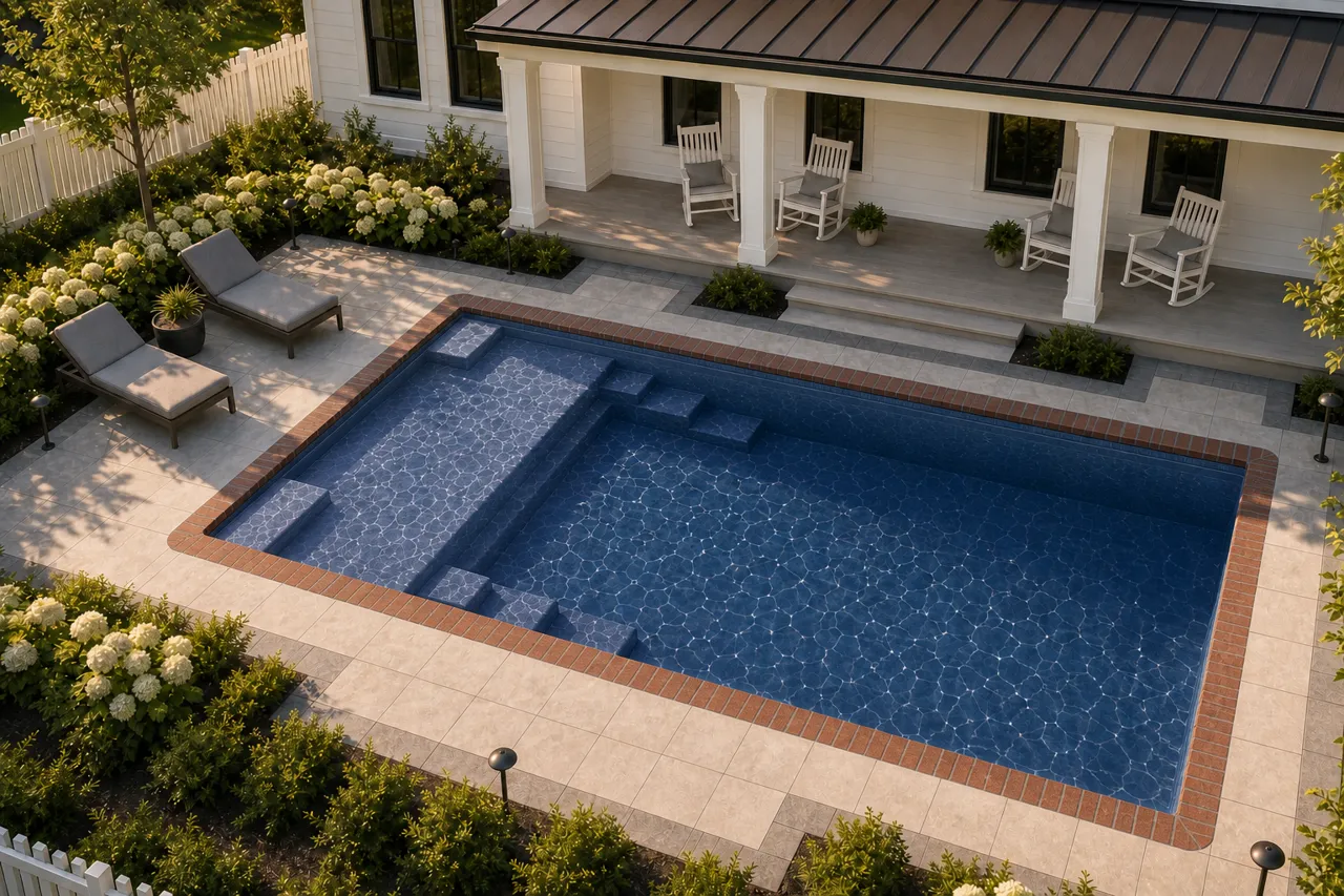 Daytime render of the Enchantment 9.21 fiberglass pool with brick coping and a Ocean Blue interior, seen from above at an angle.