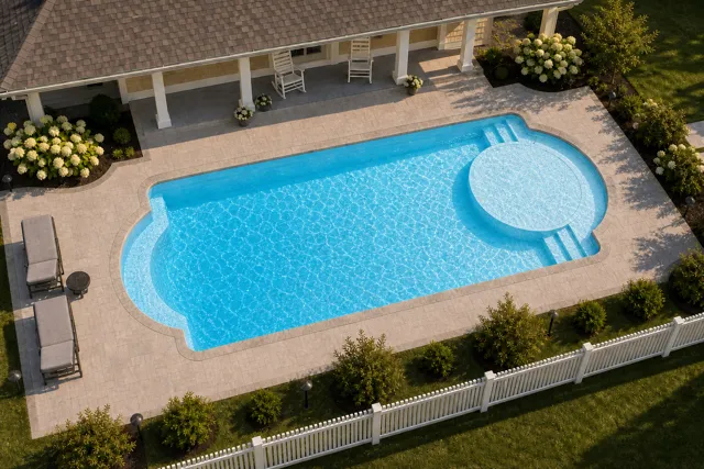 Daytime render of the Cathedral LX 1640 fiberglass pool with stone coping and a Caribbean Sparkle interior, seen from above at an angle.