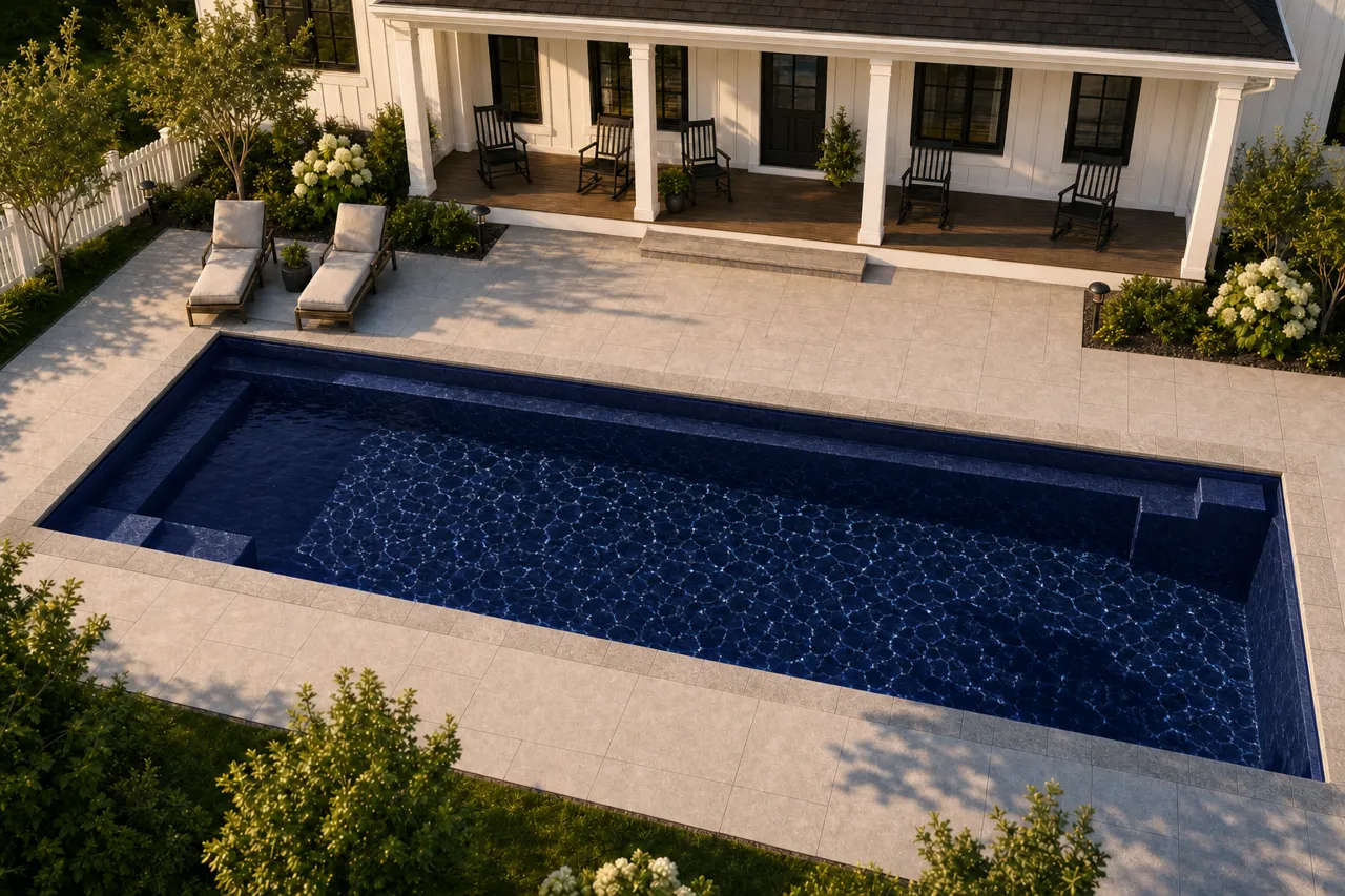 Daytime render of the Tuscan 14.40 fiberglass pool with stone coping and a Night Sky interior, seen from above at an angle.