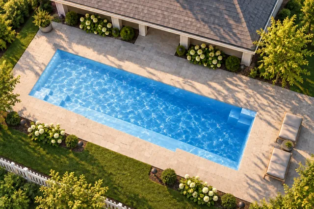 Daytime render of the Tuscan 14.40 fiberglass pool with cantilever coping and a Sapphire Blue interior, seen from above at an angle.