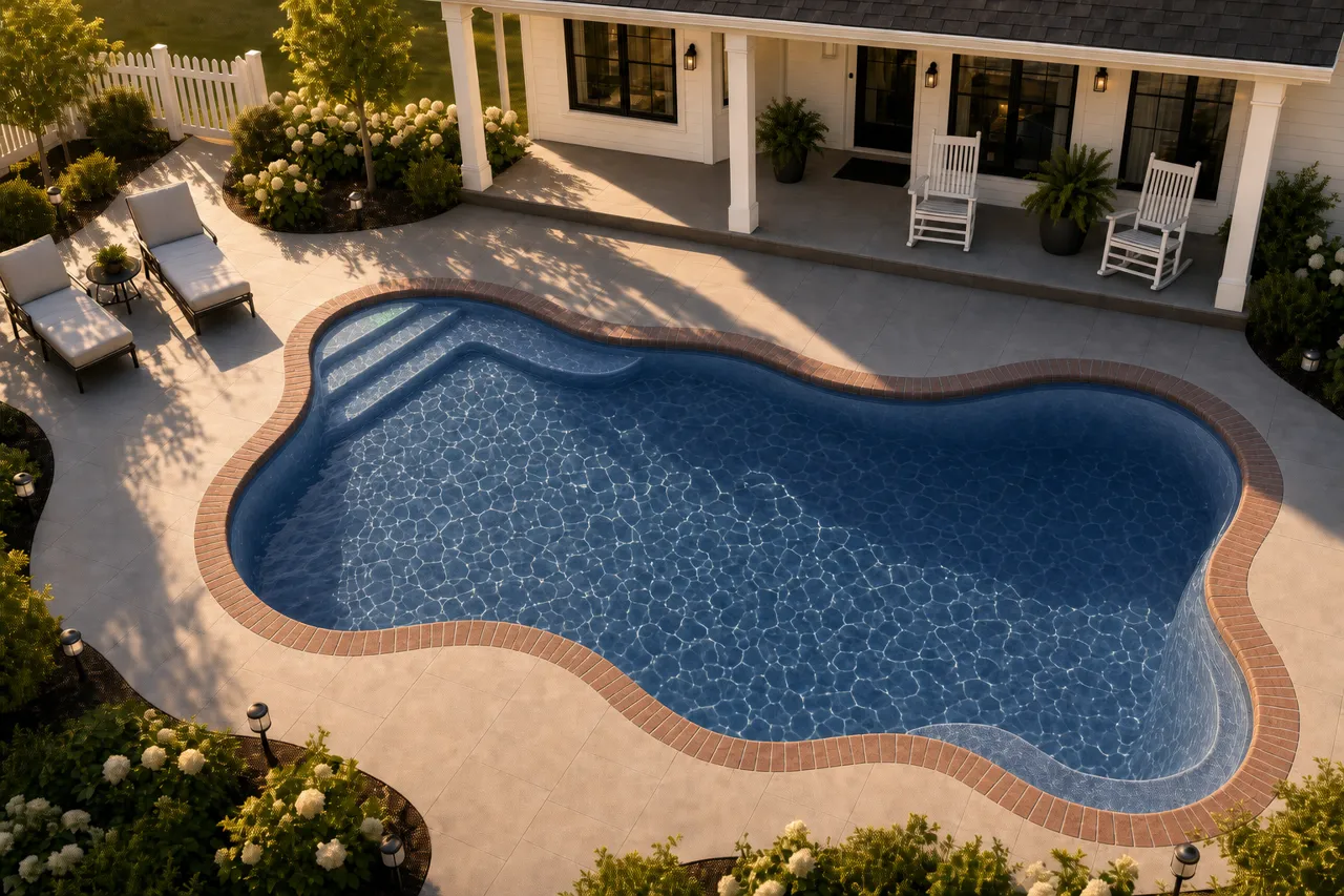 Daytime render of the Cape Cod 14 fiberglass pool with brick coping and a Ocean Blue interior, seen from above at an angle.