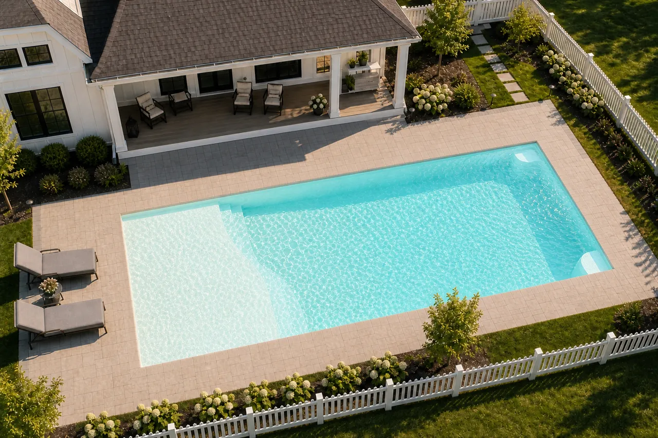 Daytime render of the Grace Beach Entry 1636 fiberglass pool with cantilever coping and a Arctic Shimmer interior, seen from above at an angle.