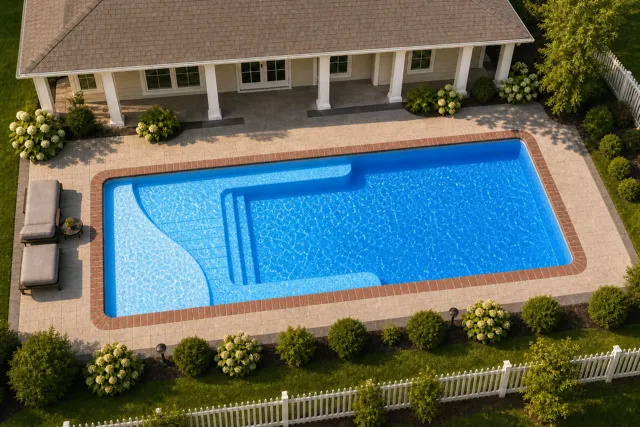 Daytime render of the Lil Bob LX fiberglass pool with brick coping and a California interior, seen from above at an angle.