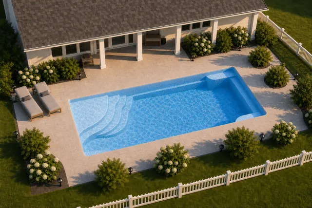 Daytime render of the Olympia 16 fiberglass pool with cantilever coping and a Sapphire Blue interior, seen from above at an angle.