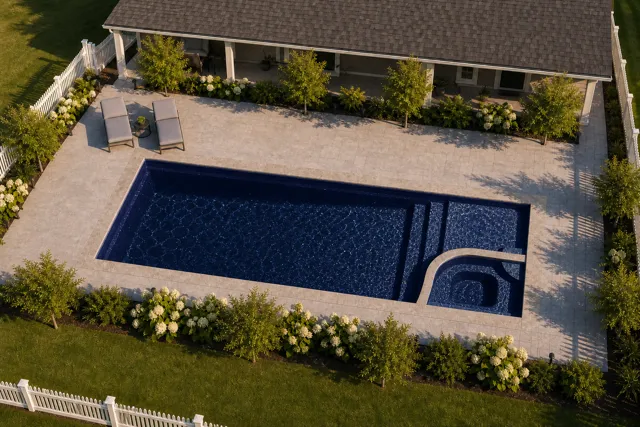 Daytime render of the Cayman 14 Deluxe fiberglass pool with stone coping and a Night Sky interior, seen from above at an angle.