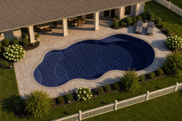 Daytime render of the Fiji fiberglass pool with stone coping and a Night Sky interior, seen from above at an angle.