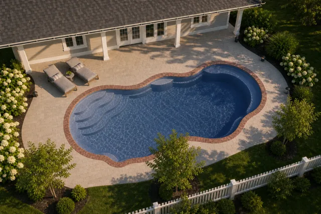 Daytime render of the Bermuda 14 fiberglass pool with brick coping and a Ocean Blue interior, seen from above at an angle.
