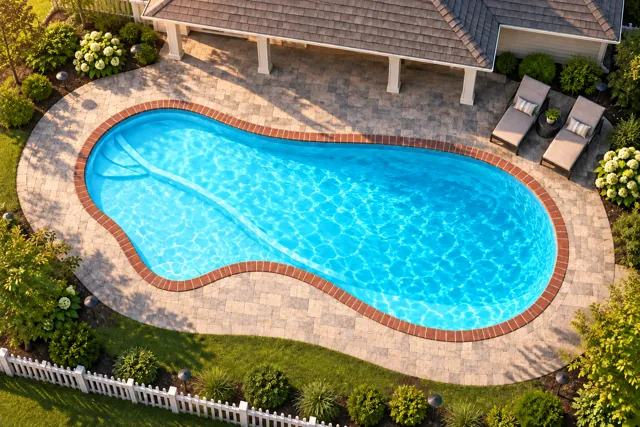 Daytime render of the The Inspiration 40 fiberglass pool with brick coping and a Coral Blue interior, seen from above at an angle.
