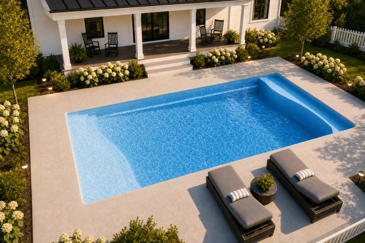 Daytime render of the Barcelona fiberglass pool with cantilever coping and a Sapphire Blue interior, seen from above at an angle.