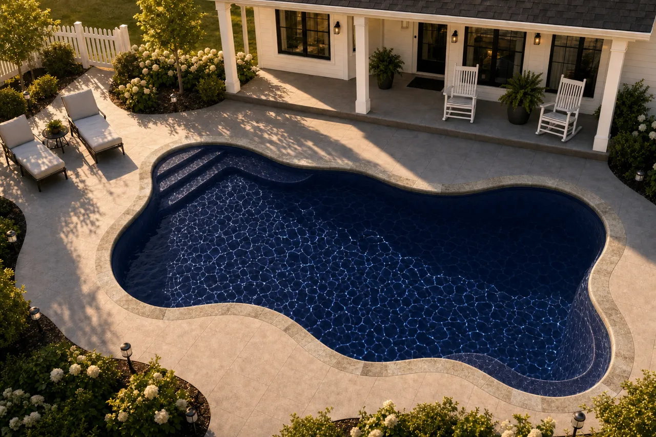 Daytime render of the Cape Cod 14 fiberglass pool with stone coping and a Night Sky interior, seen from above at an angle.