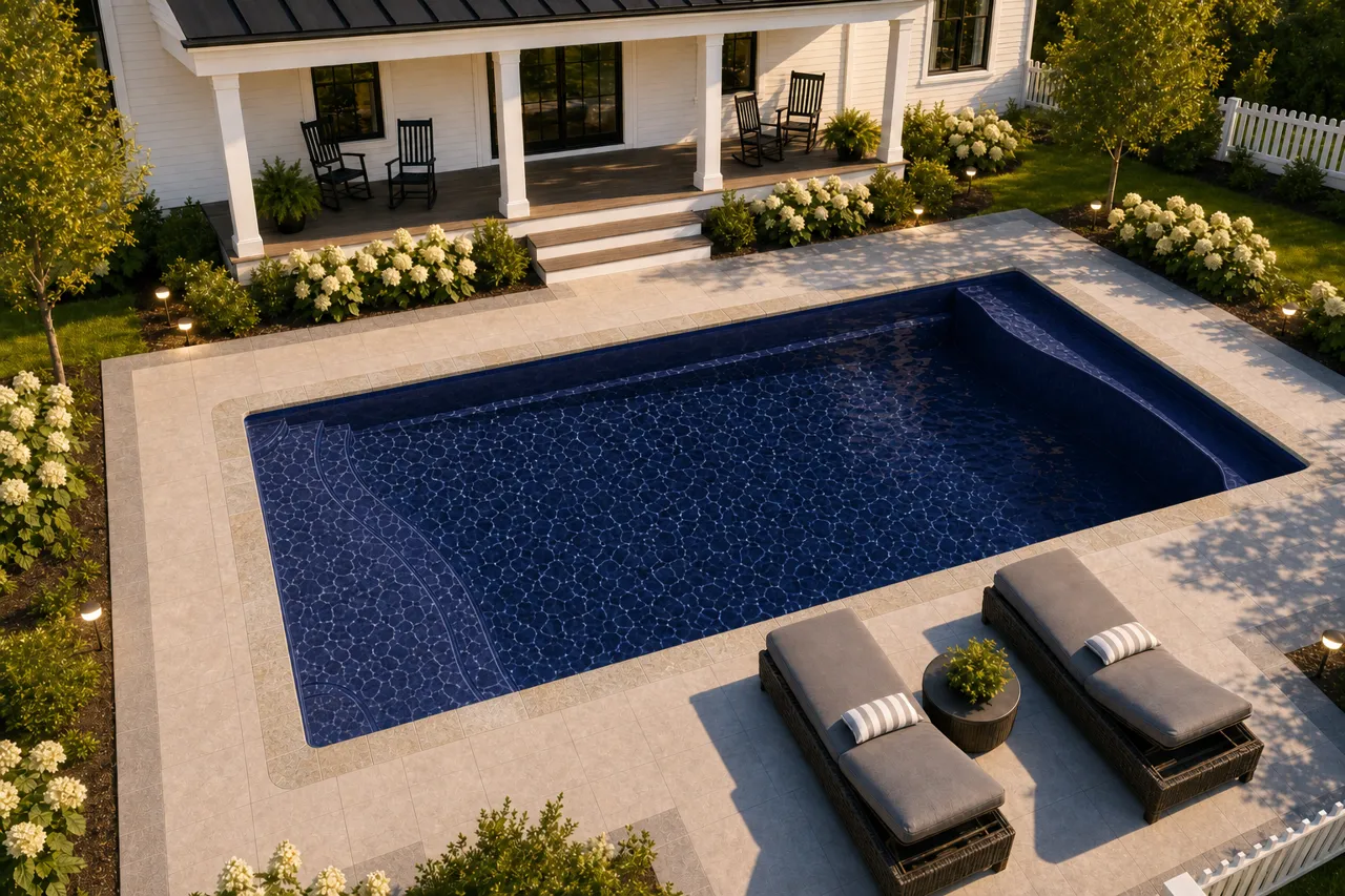 Daytime render of the Barcelona fiberglass pool with stone coping and a Night Sky interior, seen from above at an angle.