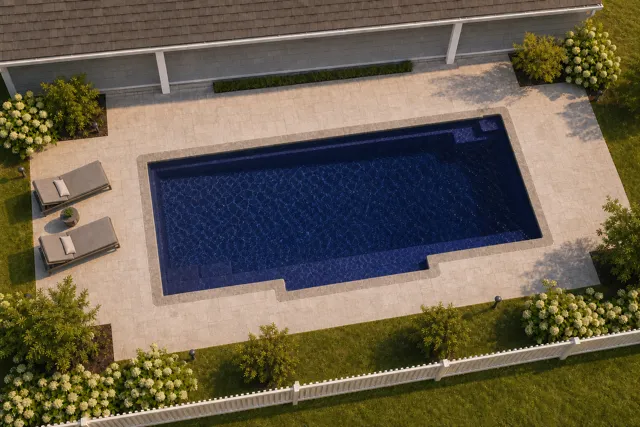 Daytime render of the Tuscan 14.30 fiberglass pool with stone coping and a Night Sky interior, seen from above at an angle.