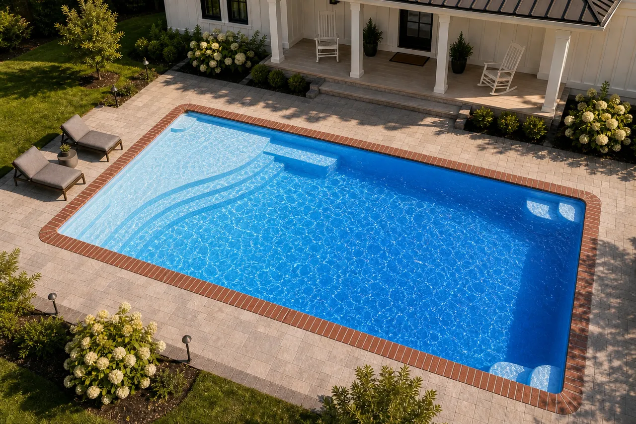 Daytime render of the Aspen 1640 fiberglass pool with brick coping and a California interior, seen from above at an angle.