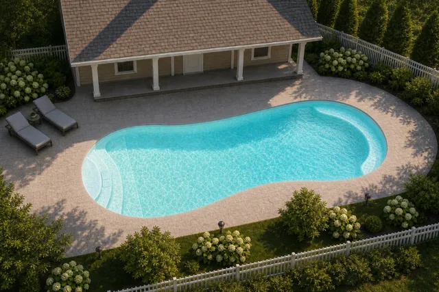 Daytime render of the Titus 1226 fiberglass pool with cantilever coping and a Arctic Shimmer interior, seen from above at an angle.