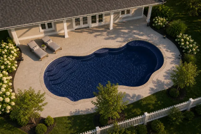 Daytime render of the Bermuda 14 fiberglass pool with stone coping and a Night Sky interior, seen from above at an angle.
