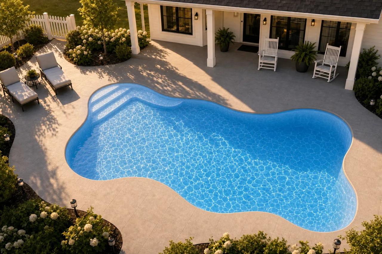 Daytime render of the Cape Cod 14 fiberglass pool with cantilever coping and a Sapphire Blue interior, seen from above at an angle.